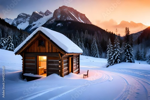 House in the snow in mountains.