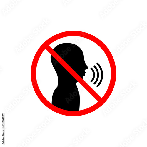Keep Quiet, Keep Silent please sign. Crossed person talking, Shhh icon in circle. Printable stickers. Vector. Isolated on white background.