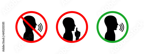 Keep Quiet, Keep Silent please sign, and Talking Allowed . Crossed person talking, Shhh icon in circle. Printable stickers. Vector. Isolated on white background.