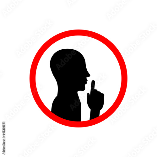 Keep Quiet, Keep Silent please sign. Crossed person talking, Shhh icon in circle. Printable stickers. Vector. Isolated on white background.
