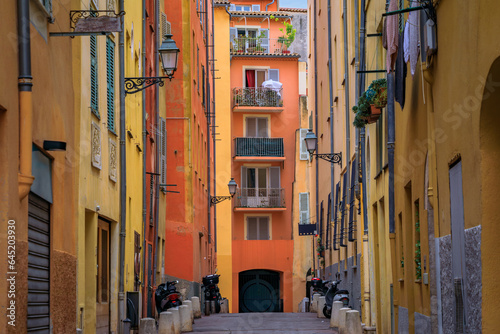 Picturesque colorful traditional old houses on a street in the Old Town  Vieille Ville in Nice  French Riviera  South of France