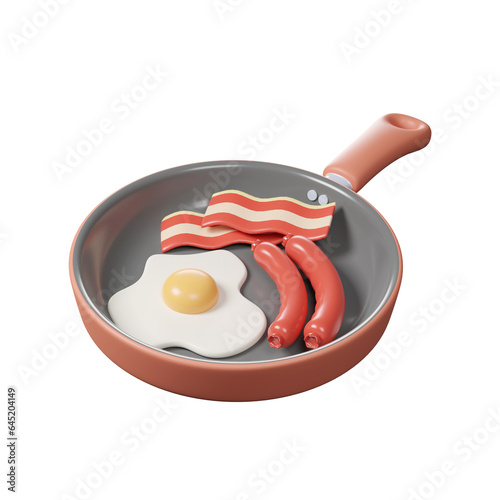 3D egg ,bacon and sausage in frying pan isolated on white background, american breakfast in non stick pan ,3D breakfast concept.