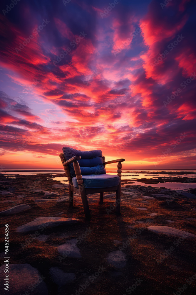 Beautiful Sunset Landscape wit Old Chair