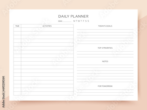 Daily planner. Schedule for day with goals, notes and priorities. Homework organizer. Timetable template. Simple journal page. Empty blank of diary in English. Vector illustration. Paper size A4.