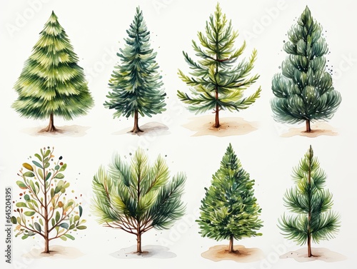 Christmas clipart consisting of watercolor fir trees isolated on white background