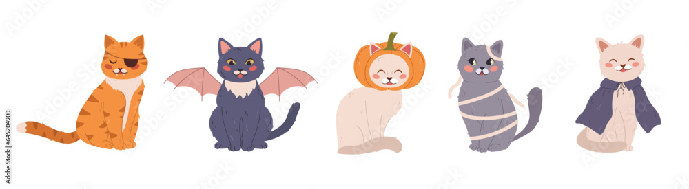 A set of cute cats for halloween on a white background