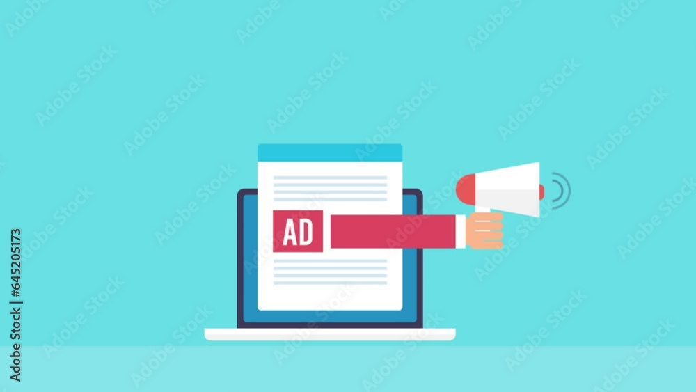 Display digital advertising on website blog page, businessman with megaphone, online brand promotion attracting new customer, lead generation concept, video animation.