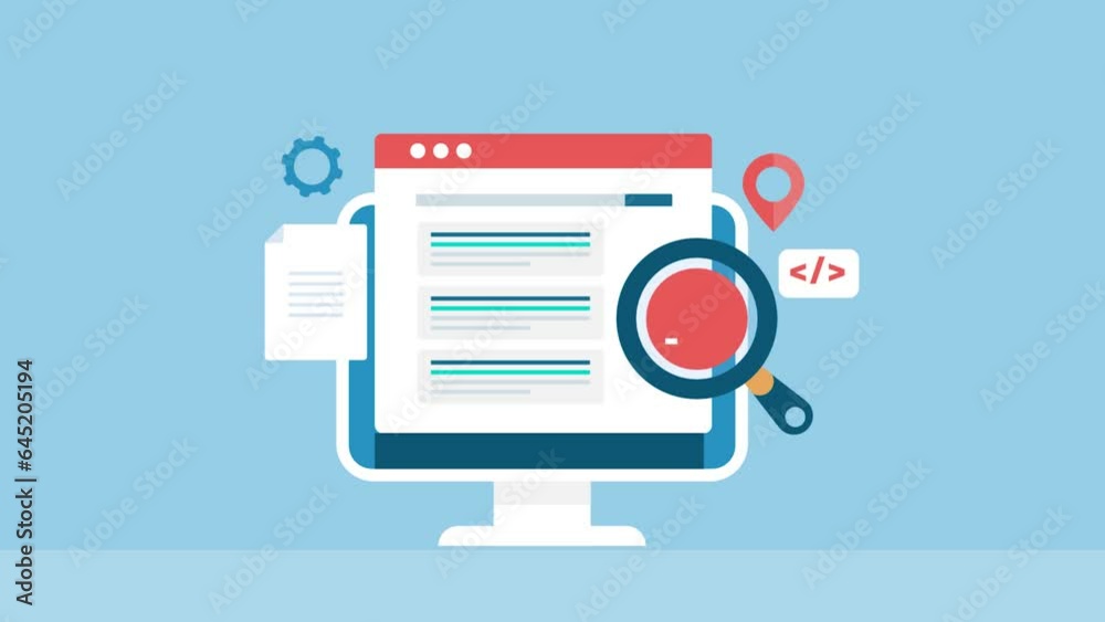 Web browser with search engine ranking page, website traffic analytics, content, coding and business map listing SEO optimization computer internet marketing video animation concept.