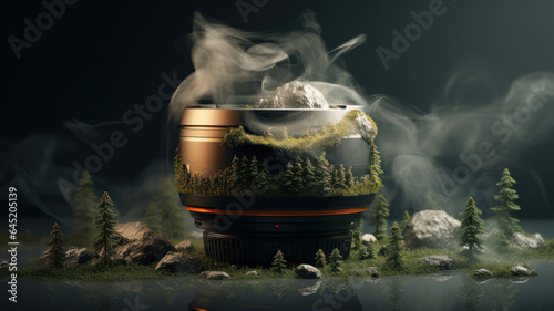 Camera lens advertisement blends with smoke and trees.