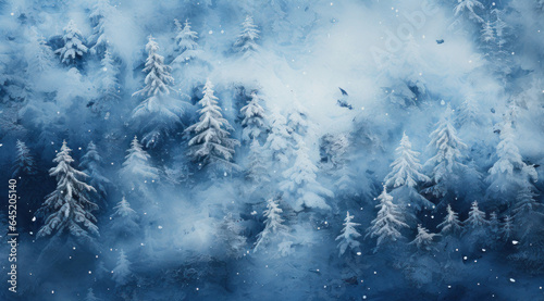 Frozen winter forest in the fog with mountains