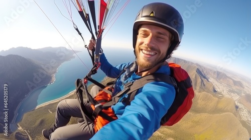 Young man paraglider taking a selfie while paragliding. Generative AI