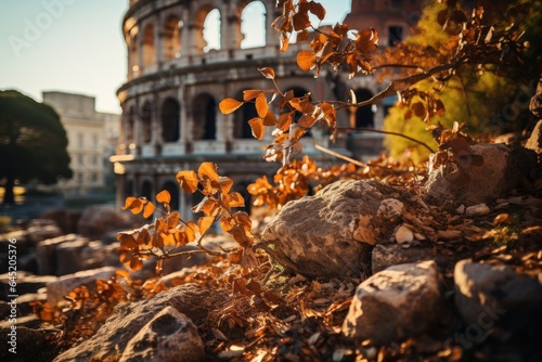ancient roman colosseum and sunny sunrise in rome, italy