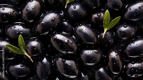 Black olives with leaves and water drops background. Vegetables backdrop. Generative AI