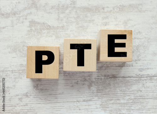 pte - text on wooden cubes wooden background. foreground