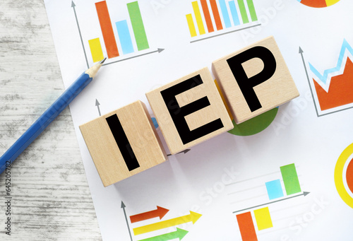 Individualized Education Program IEP wooden blocks on financial charts