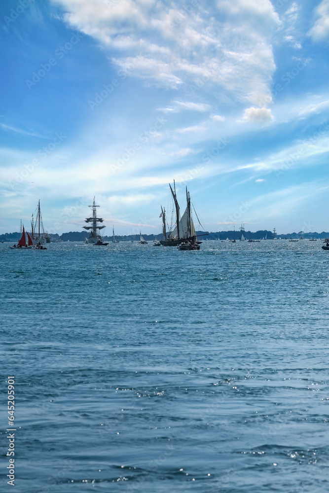 An old sailing ships at the Ile-aux-Moines island,  beautiful seascape in the Morbihan gulf, Brittany
