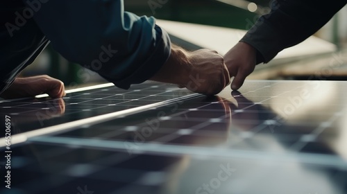 Solar power engineer checks solar panels in production line. Generative AI © piai