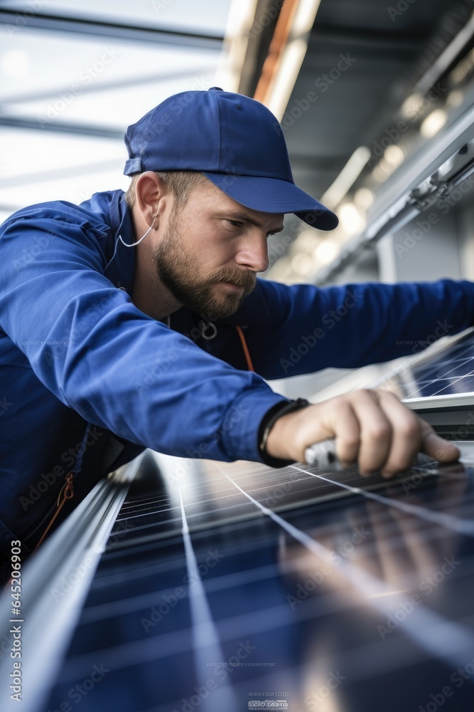 Solar power engineer checks solar panels in production line. Generative AI