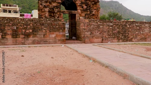 ancient grand mosque called Adhai Din Ka Jhonpra vintage architecture at day from different angle video is taken at Adhai Din Ka Jhonpra at ajmer rajasthan india on Aug 19 2023. photo