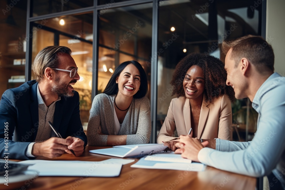 Cheerful business people working together in modern office. Group of young business people sitting at the table and smiling.