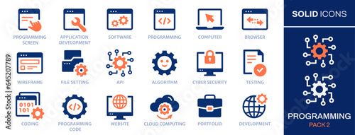 Programming icon set. Collection of program, application, computer, service and more. Vector illustration. Easily changes to any color.