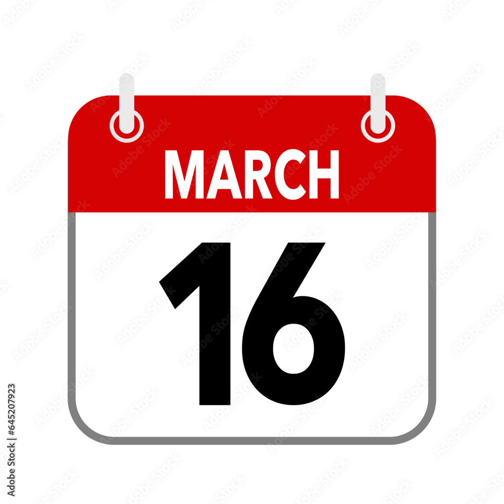 16 March, calendar date icon on white background. 16 March, calendar date icon on white background.