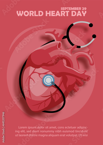 Image of human heart with stethoscope and wording of World Heart Day, example texts on red background. Poster's campaign of world heart day in vector design.