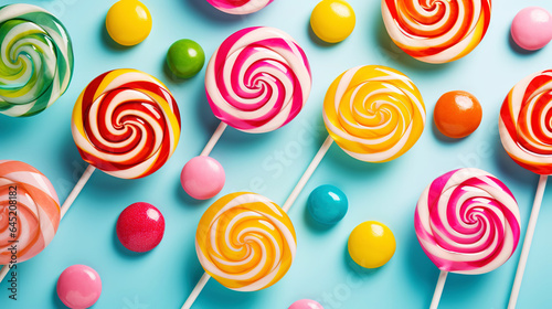 Colorful lollipop candies background. Top view. Generative AI