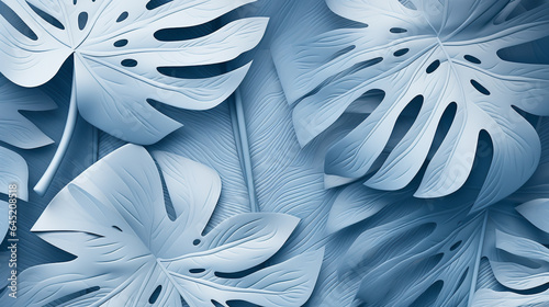 overlapping leaves of tropical plants, with a papercraft texture, using a monochromatic color scheme in a soft shade of blue. background image.