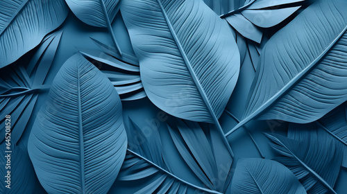 overlapping leaves of tropical plants, with a papercraft texture, using a monochromatic color scheme in a soft shade of blue. background image.