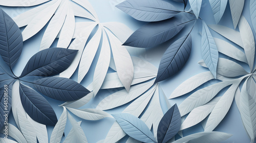 overlapping leaves of tropical plants, with a papercraft texture, using a monochromatic color scheme in a soft shade of blue. background image.