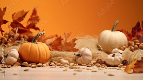 Pumpkins  squashs  nuts and maple leaves on orange background  Thanksgiving and Halloween autumn background with copy space.