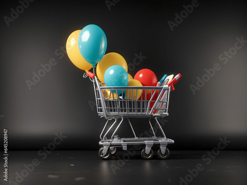 shopping cart and balloon on black background