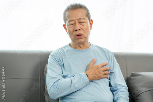 Obraz na plátně Elderly asian man on sofa, clutching chest in severe pain, showing signs of possible heart attack at home