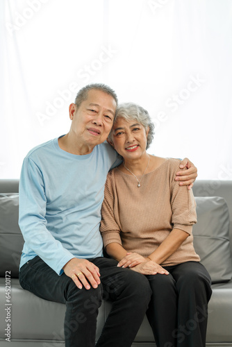 Affectionate senior Asian couple sharing warm embrace on the sofa, celebrating their enduring love and togetherness. Elderly husband and wife happy family