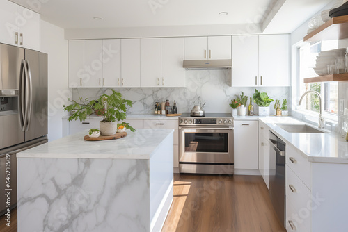 A kitchen with clean white cabinets, marble countertops, and high-end stainless steel appliances.
