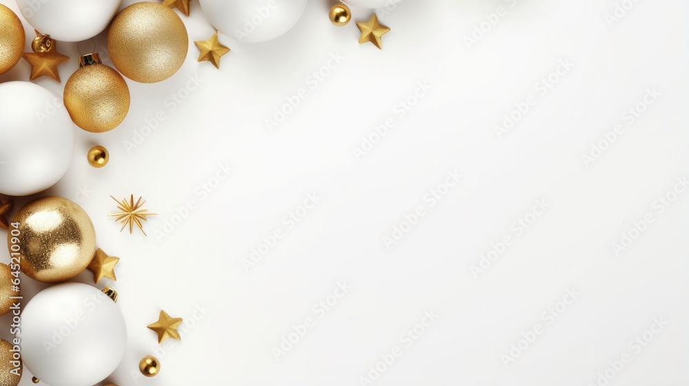 Fototapeta premium Christmas festive decorations light balls red and gold color on white background with copy space. Generative Ai