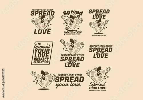 Spread your love, a variation of heart character in retro style