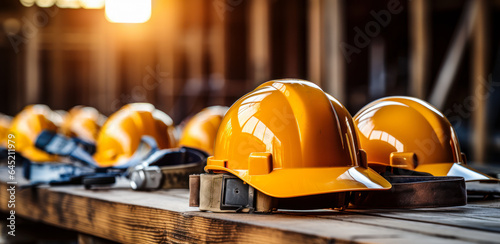 Construction Helmet Symbolizing Safety, Placed on Wood