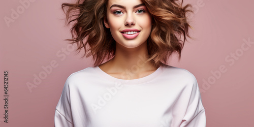 Modern elegance: Gorgeous lady in a white sweater set against a pink studio.