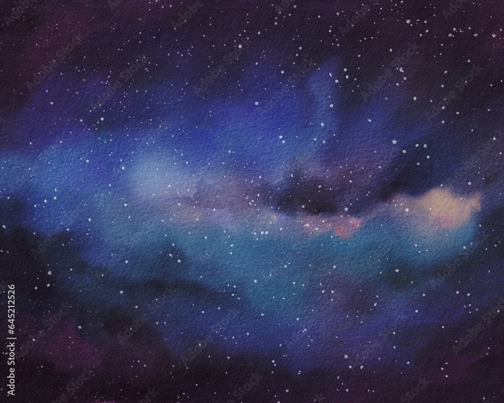Obraz premium Cosmic backdrop. Starlit night sky. Gleaming galaxies of the far-reaching cosmos. Nocturnal fantasy. Serene shades of blue, green, and pink hues. watercolor illustration with astral elements
