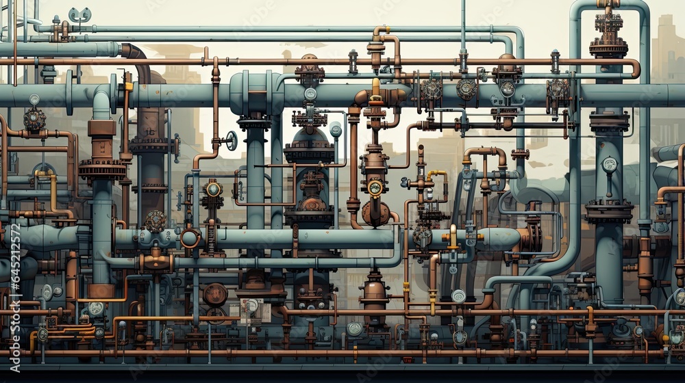 Industrial background with pipeline. Oil, water or gas pipeline with fittings and valves Industrial background with pipeline. Oil, water or gas pipeline with fittings and valves