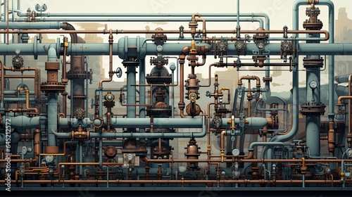 Industrial background with pipeline. Oil, water or gas pipeline with fittings and valves