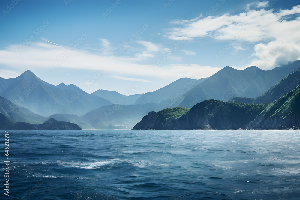 Beautiful seascape with mountains and blue sea. Nature composition.