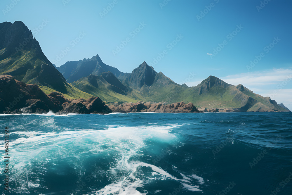 Beautiful seascape with mountains and blue sea. Nature composition.