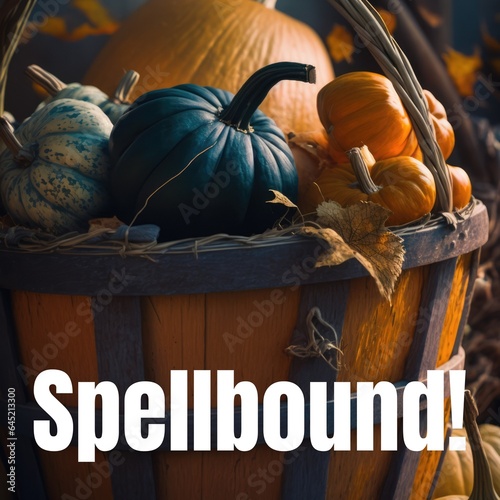 Composite of spellbound text and halloween pumpkins in basket
