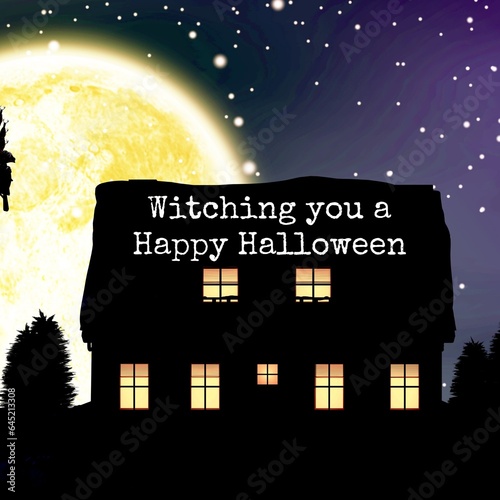 Composite of witching you a happy halloween text and house with full moon on blue background