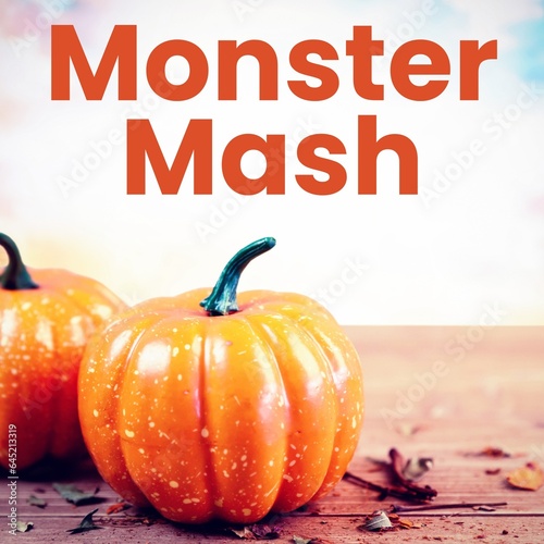 Composite of monster mash text and halloween pumpkins on white background