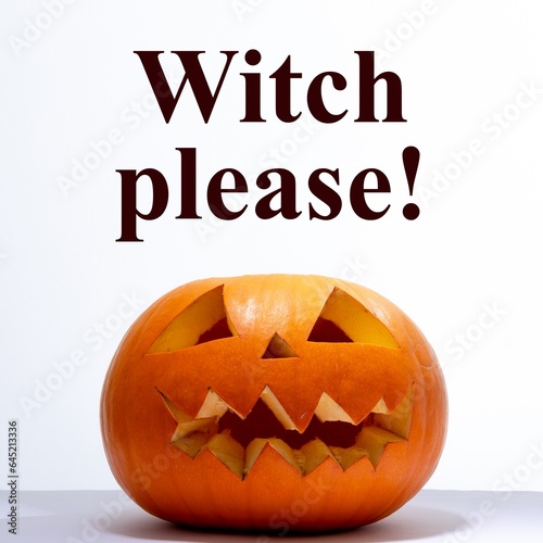 Composite of twitch please text and halloween pumpkin on white background