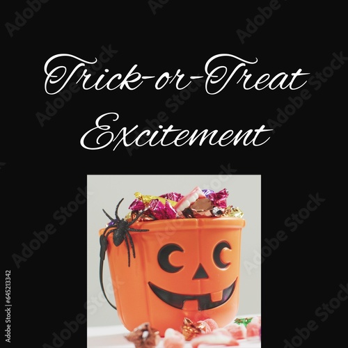 Composite of trick or treat excitement text and halloween pumpkin on black background